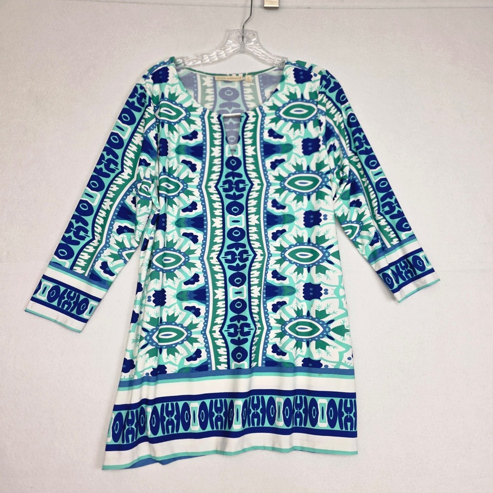 Maria Gabrielle Blue Geometric Medallion Tunic Top XL 3/4 Sleeve Split Neck Boho